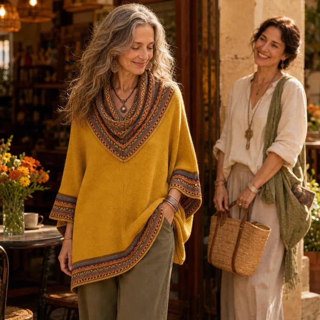 Cowl & Clover Geometric Cowl-Neck Knit Poncho Top - Elena Harper