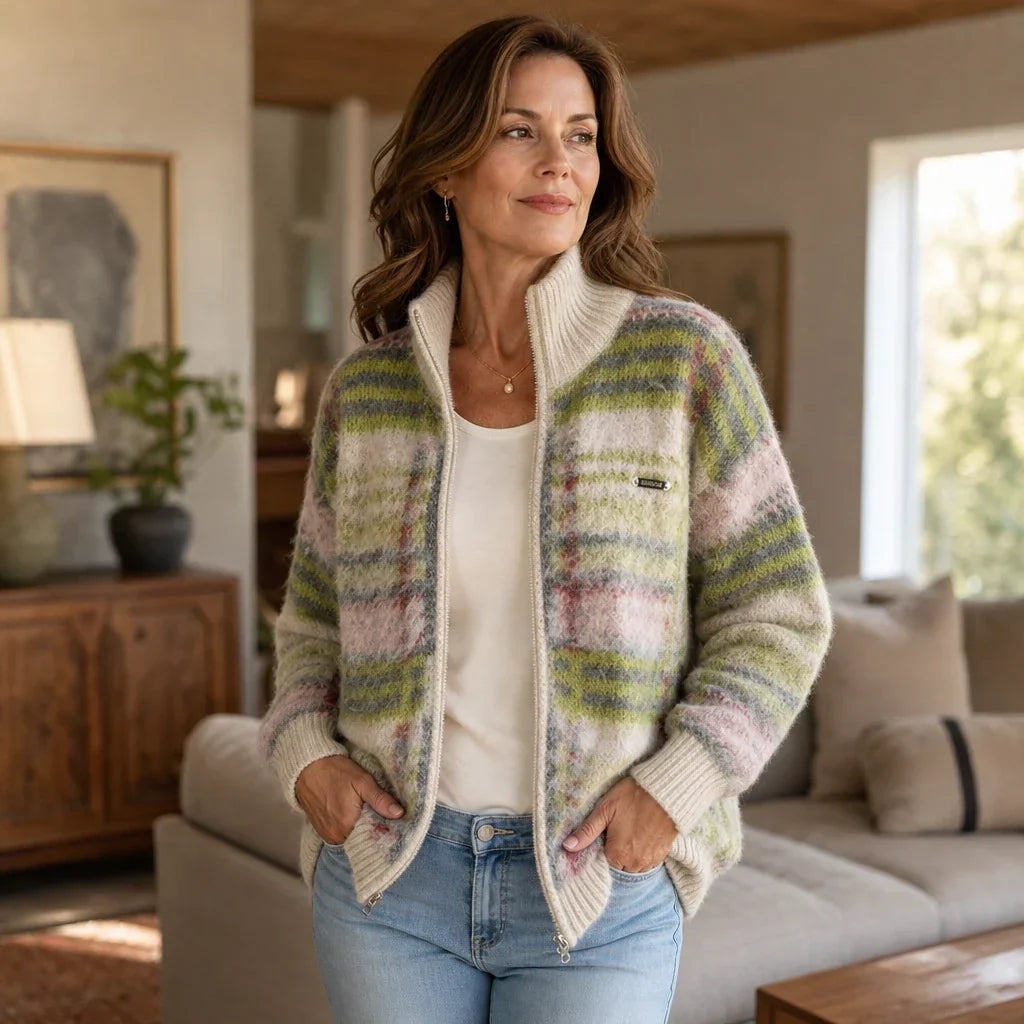 Checkermere Plush Plaid Zip-Up High-Collar Cardigan - Elena Harper