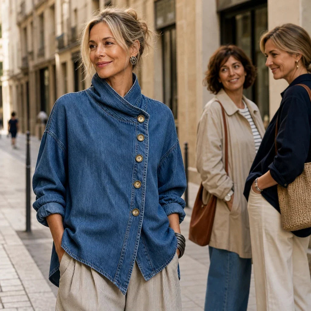 Angled Denim Asymmetric Button Stand-Collar Denim-Look Jacket - Elena Harper