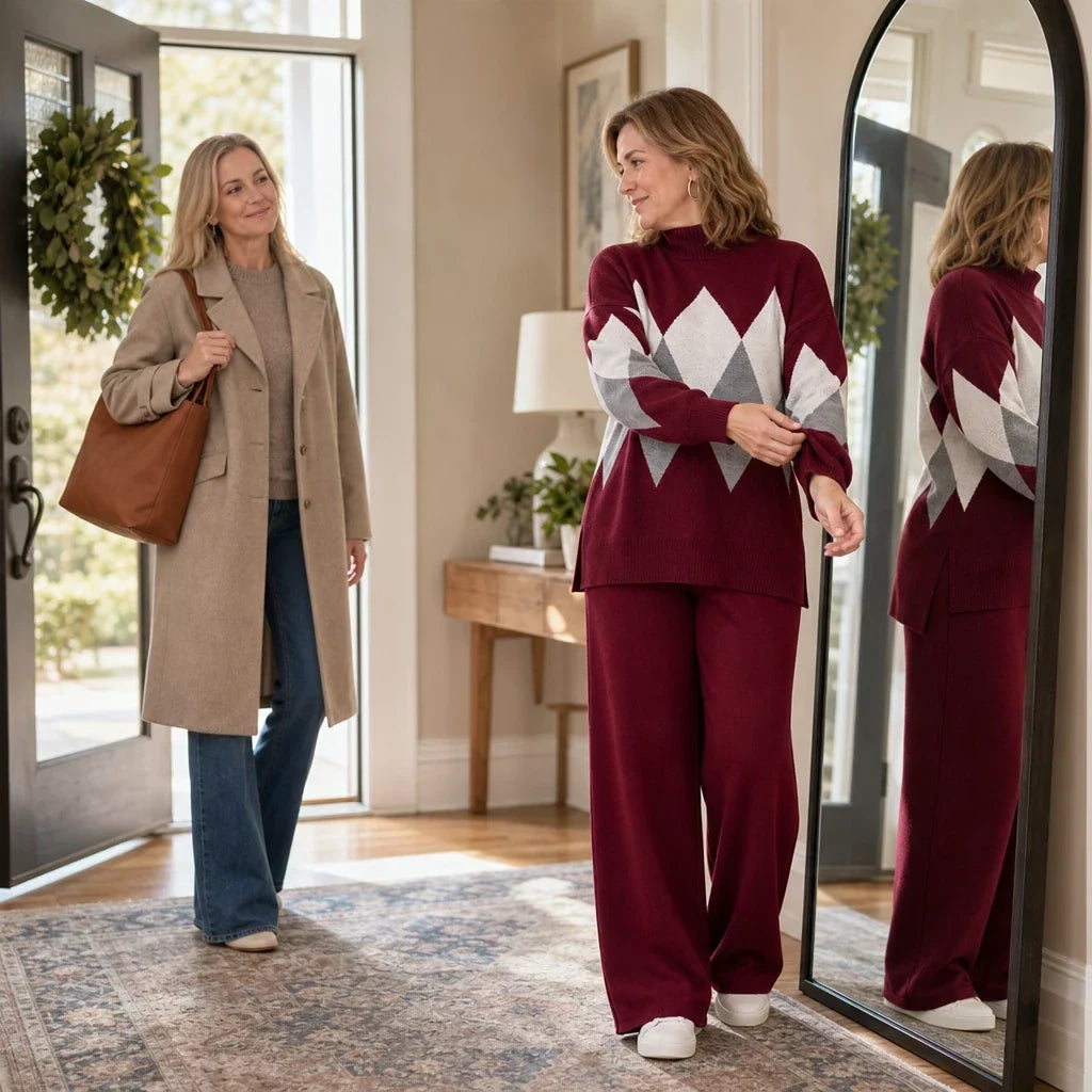 Argyle Ease Argyle Knit Sweater And Wide-Leg Trouser Set - Elena Harper