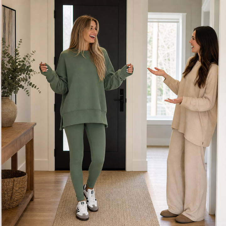 Cozelle Thumbhole Sleeve Side-Slit Loungewear Set - Elena Harper
