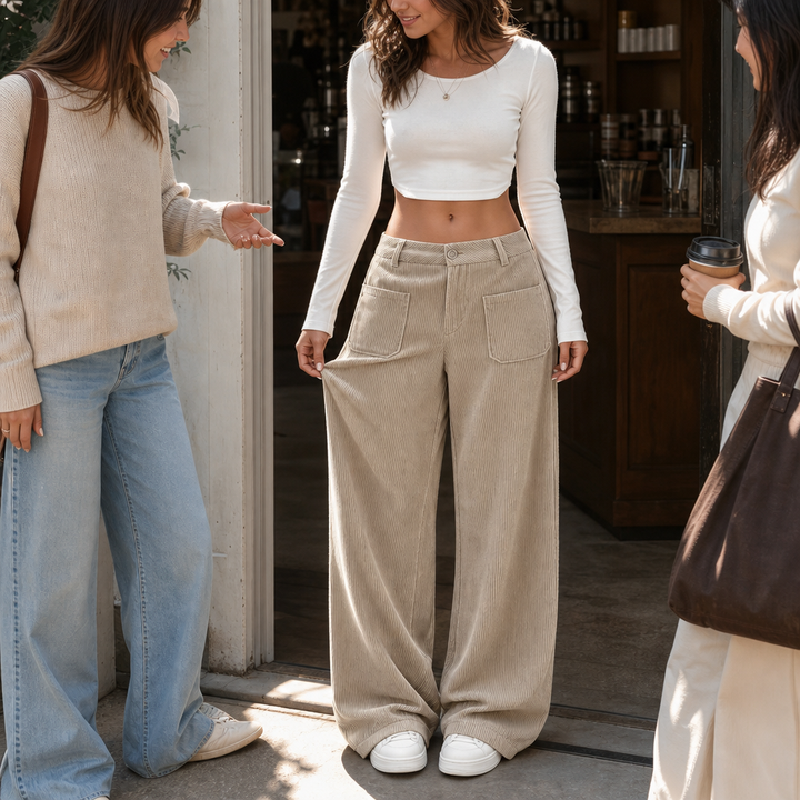 Cordelle High-Waisted Stretch Corduroy Wide-Leg Trousers - Elena Harper