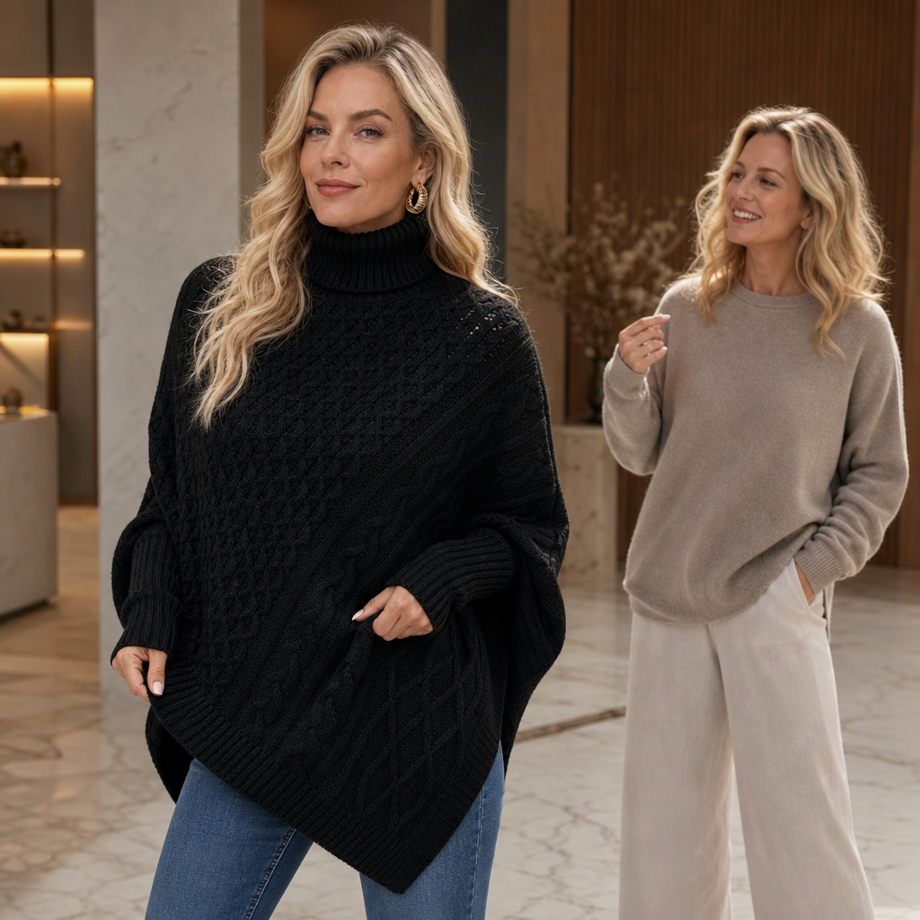 Cabelune Cable-Knit Asymmetric Poncho Sweater - Elena Harper