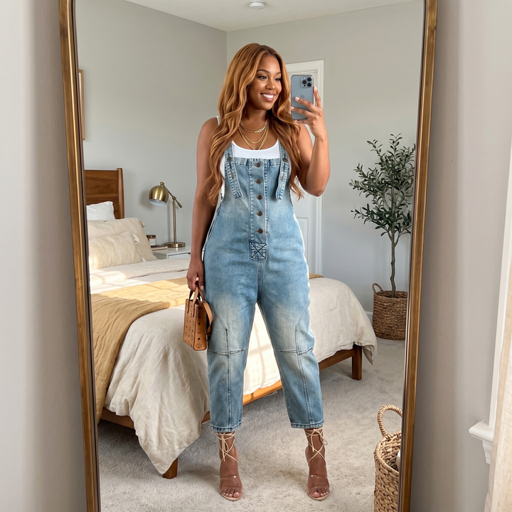 Curvella Women's Button-Front Tapered Denim Overalls - Elena Harper