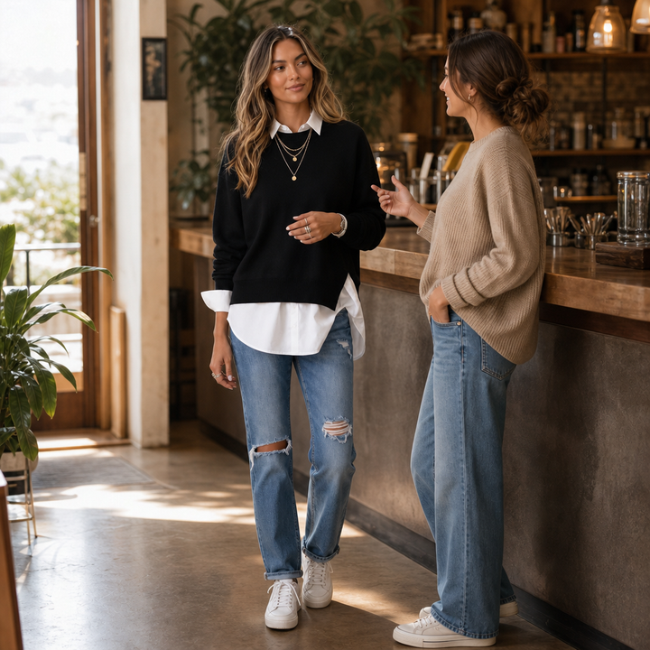 Averlyn Layered Mock Shirt Collar Crewneck Sweatshirt - Elena Harper