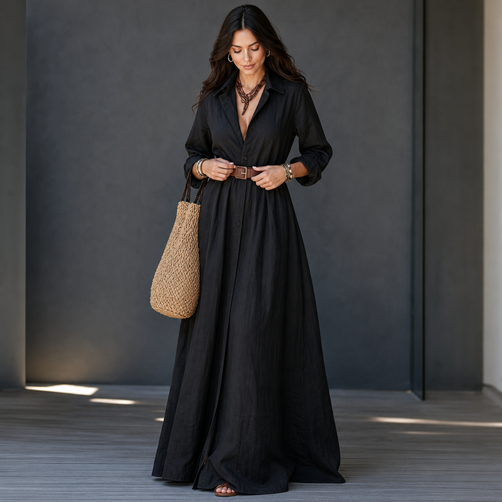 Beltelle – Long-Sleeve Belted Maxi Shirt Dress