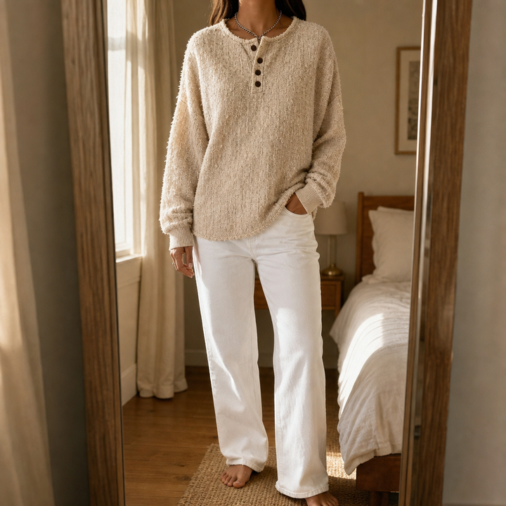 Autumbre Chunky Knit Button Henley Sweater - Elena Harper