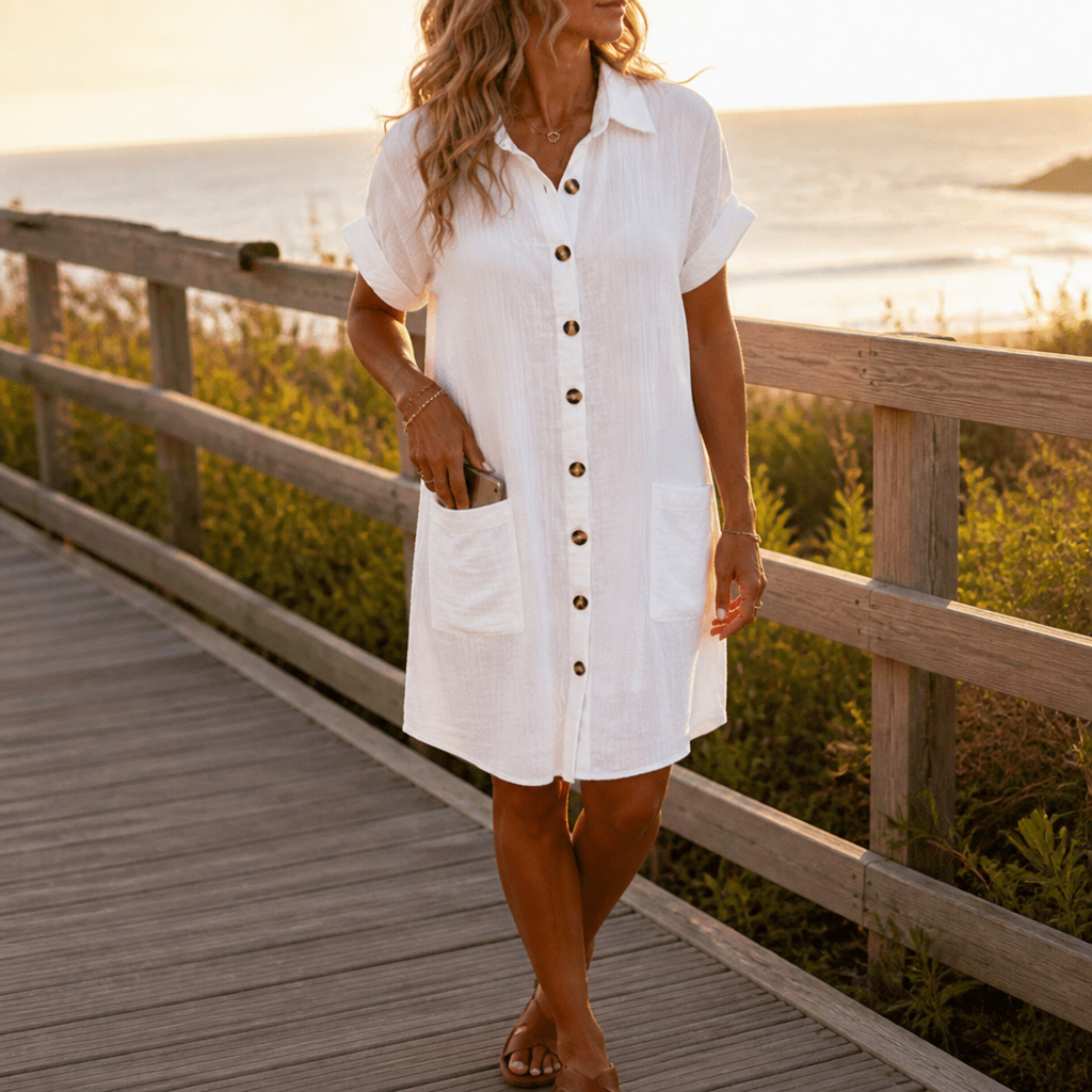 Daywear Buttoned Short Sleeve Pocket Shirt Dress - Elena Harper