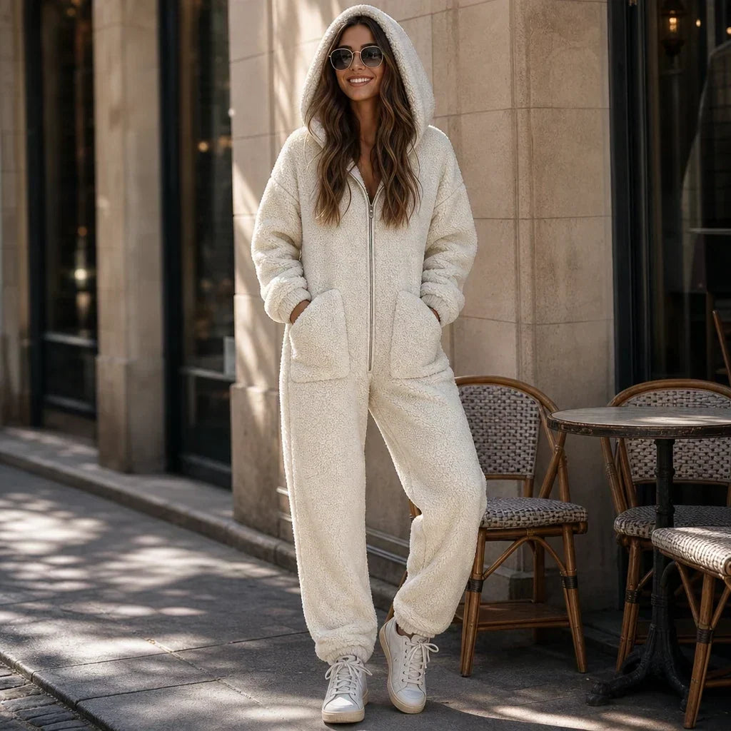 Cozyline Hooded Zip-Front Straight-Leg Jumpsuit - Elena Harper