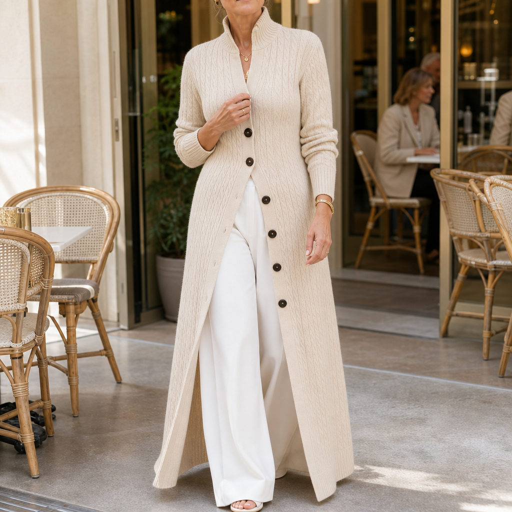 Cablewick Vertical Cable-Knit Open-Front Duster Cardigan - Elena Harper