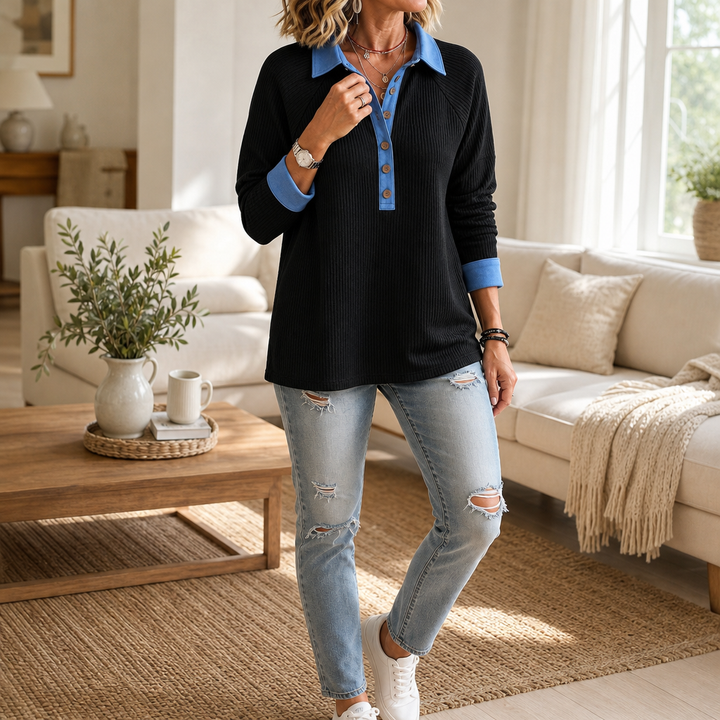 Denimelle Denim-Trim V-Neck Knit Top - Elena Harper