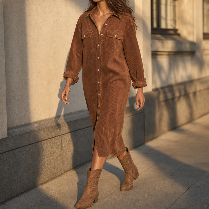 Corvella Ribbed Corduroy Button-Front Shirt Dress - Elena Harper