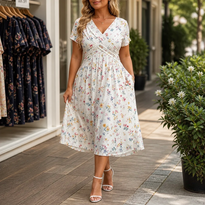 Curvella Twist-Waist Floral V-Neck Midi Dress - Elena Harper