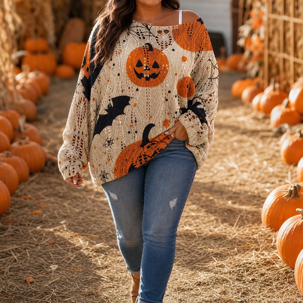 Amberknit Open-Knit Crochet Pumpkin Sweater - Elena Harper