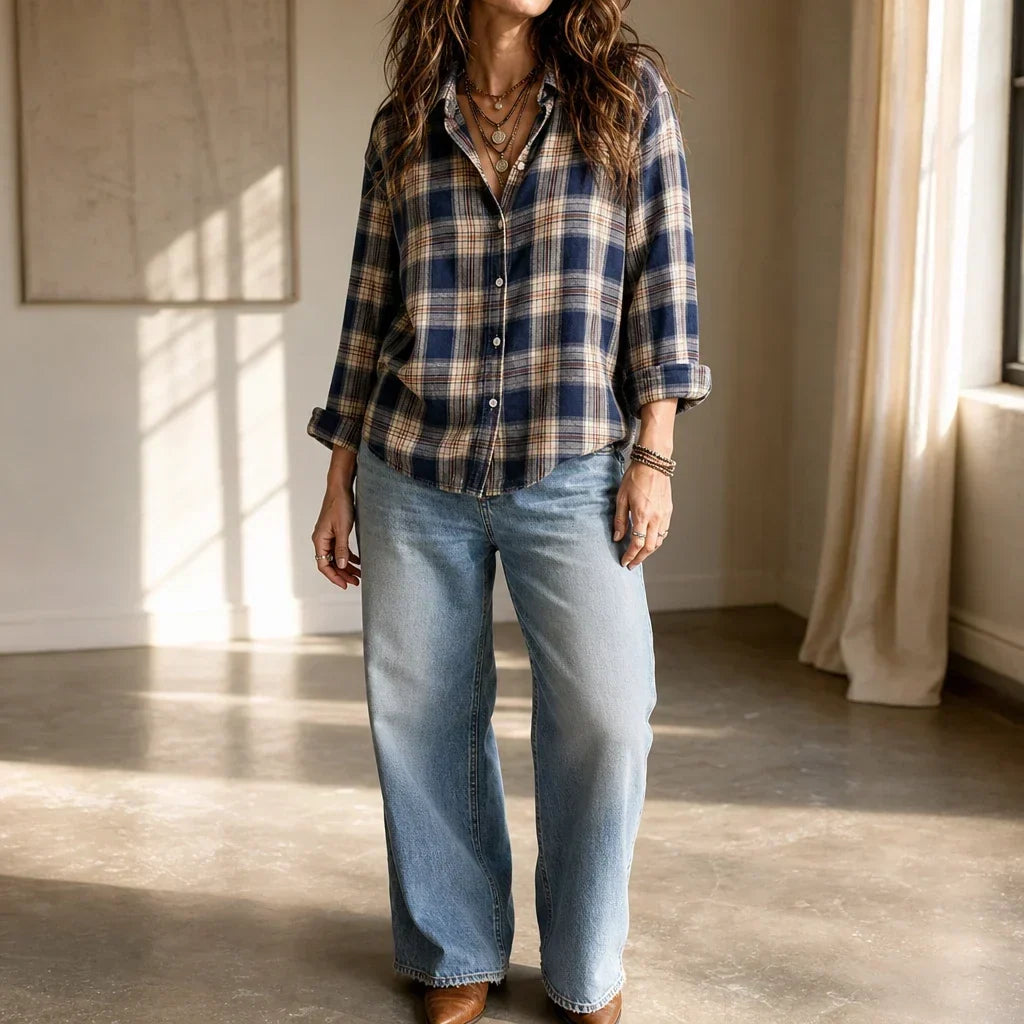 Caledon Plaid Button-Front Long-Sleeve Blouse - Elena Harper