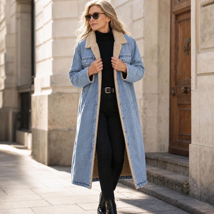 Denora Sherpa-Lined Full-Length Denim Coat - Elena Harper