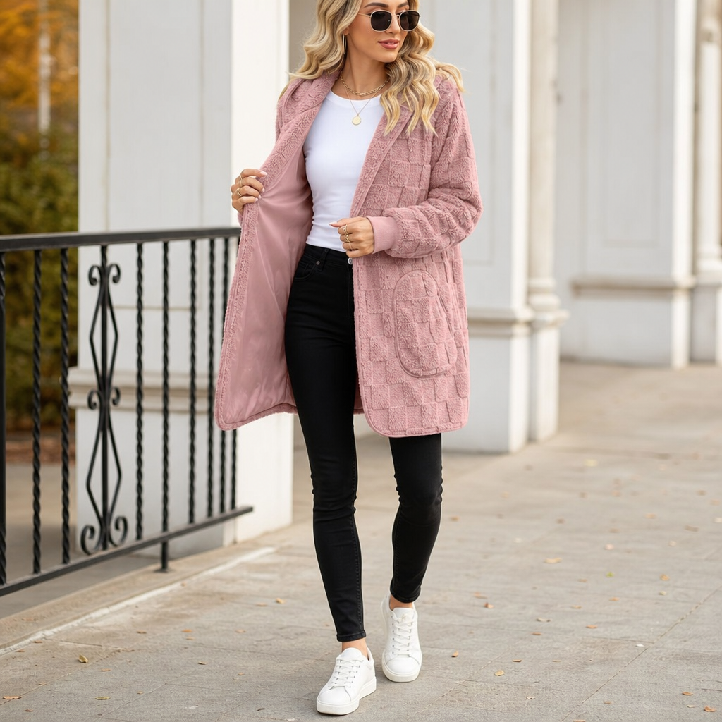 Checkora Fluffy Checked Open-Front Cardigan - Elena Harper