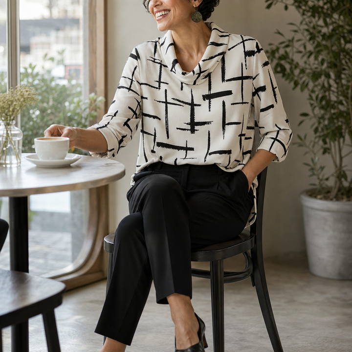 Cowlina Cross-Print Cowl-Neck 3/4-Sleeve Blouse - Elena Harper