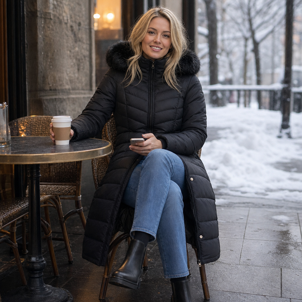 Chevronwarm Longline Puffer Coat With Fur Hood - Elena Harper