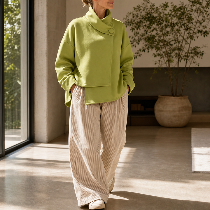 Draperly Asymmetric Cowl Neck Button Sweatshirt - Elena Harper
