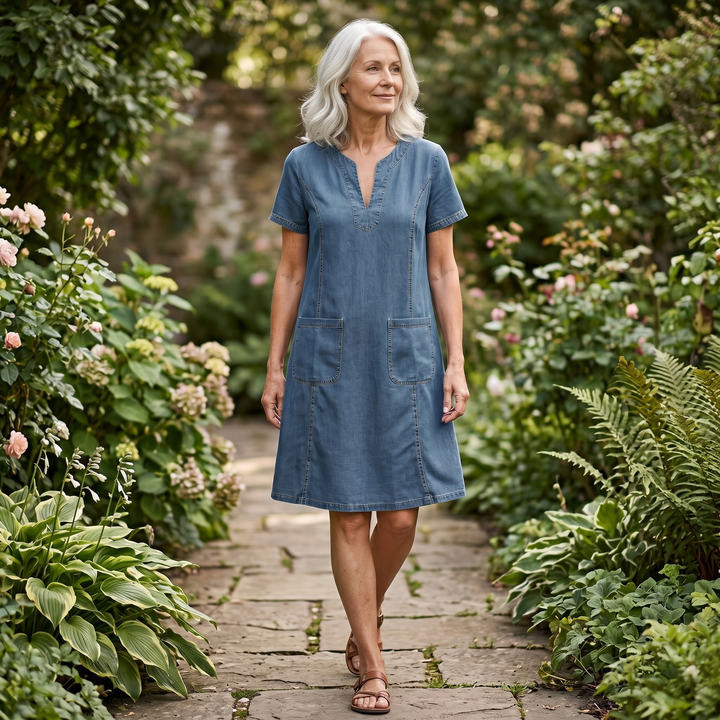 Aurelene Women's V-Neck Denim Dress with Pockets - Elena Harper