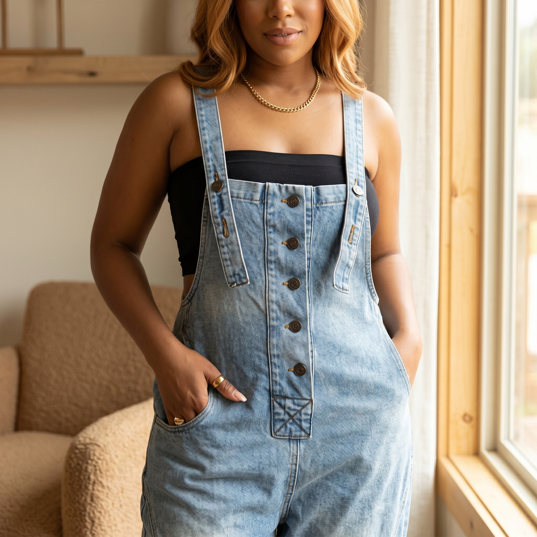 Curvella Women's Button-Front Tapered Denim Overalls - Elena Harper