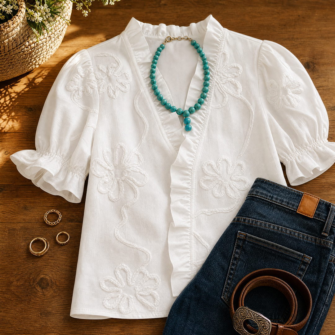 Belvera Romantic Ruffled V-Neck Blouse with Puff Sleeves - Elena Harper
