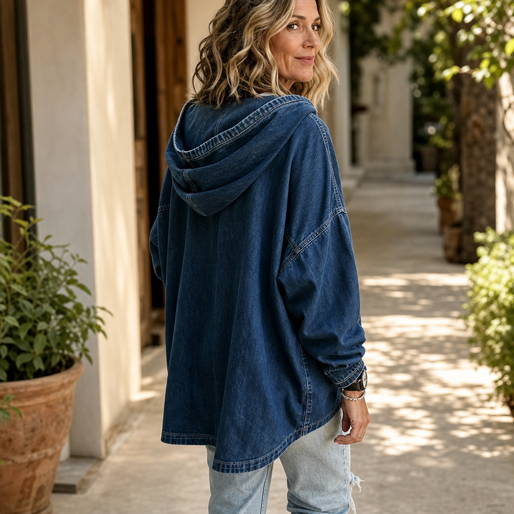 Denim Ease Washed Oversized Denim-Look Hoodie - Elena Harper