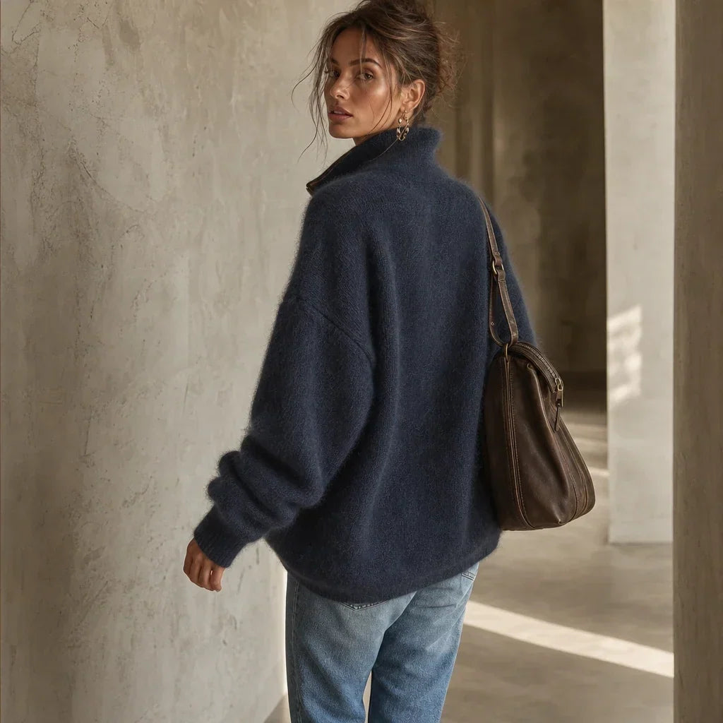 Cozyline – Fuzzy Contrast-Trim Half-Zip Sweater