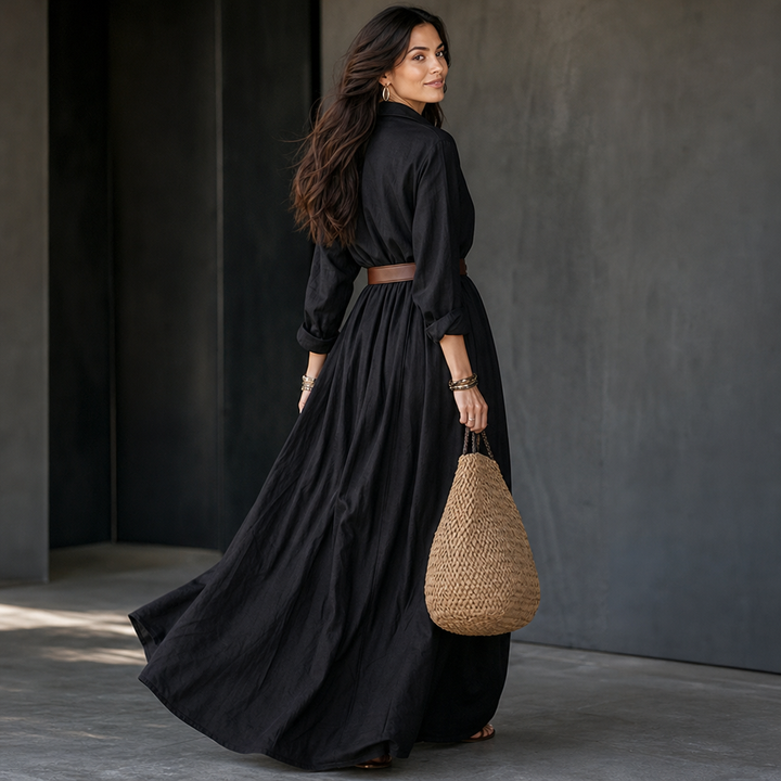 Beltelle – Long-Sleeve Belted Maxi Shirt Dress