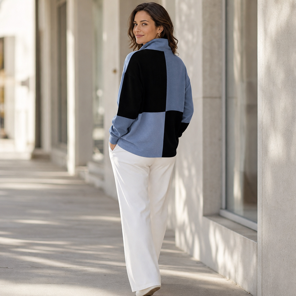 Colorplaid Colorblock Plaid Stand-Collar Zip Sweatshirt - Elena Harper