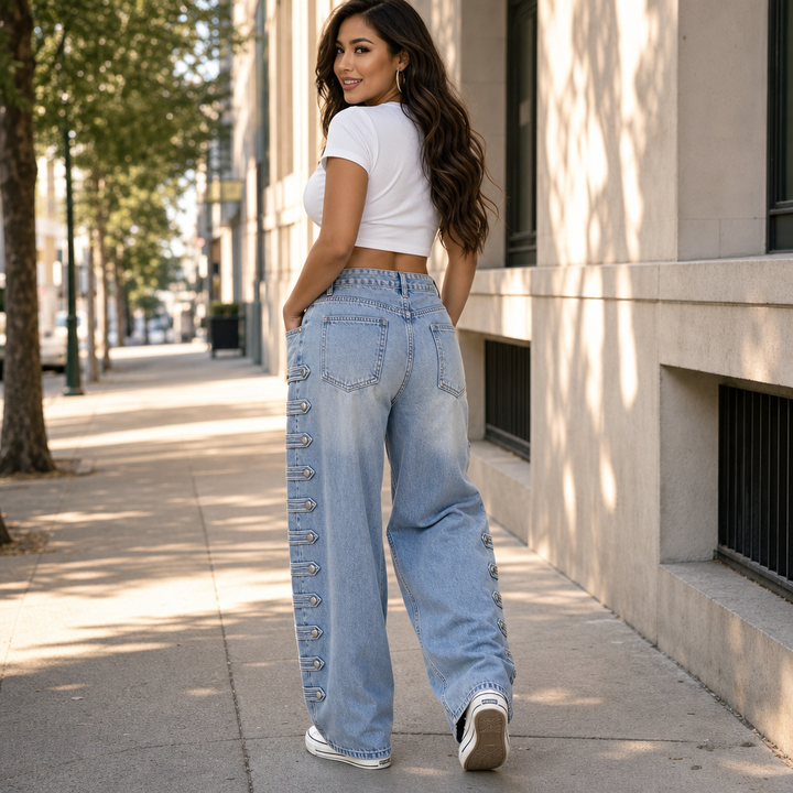 Buckleline Side Buckle Wide-Leg Jeans - Elena Harper