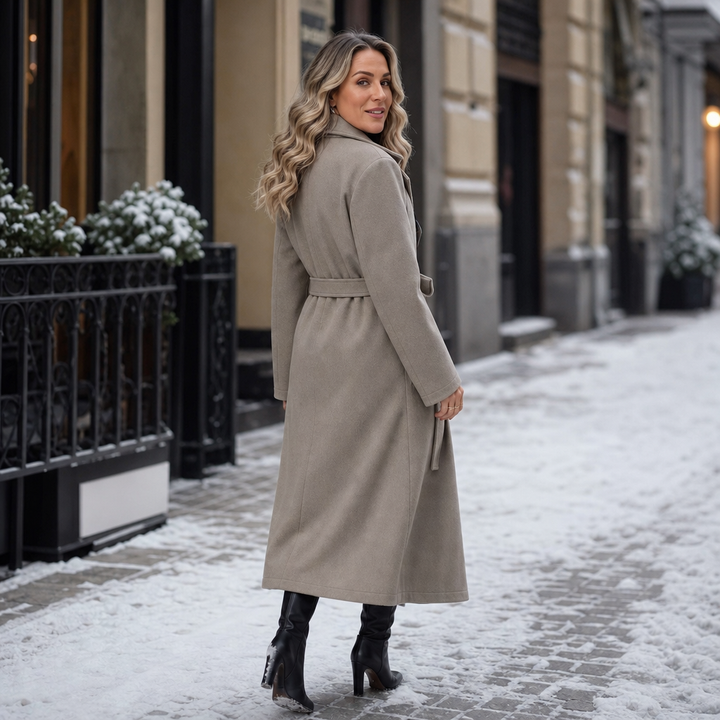 Belted Belle Double-Breasted Belted Long Coat - Elena Harper