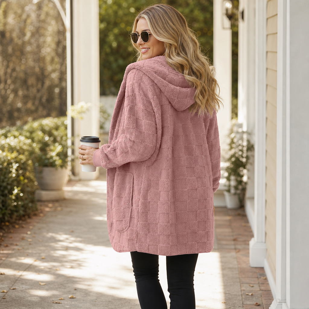 Checkora Fluffy Checked Open-Front Cardigan - Elena Harper