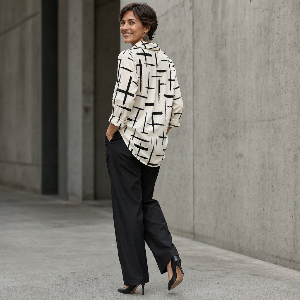 Cowlina Cross-Print Cowl-Neck 3/4-Sleeve Blouse - Elena Harper