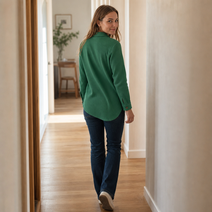 Draperau Waffle-Knit Asymmetric Placket Top - Elena Harper