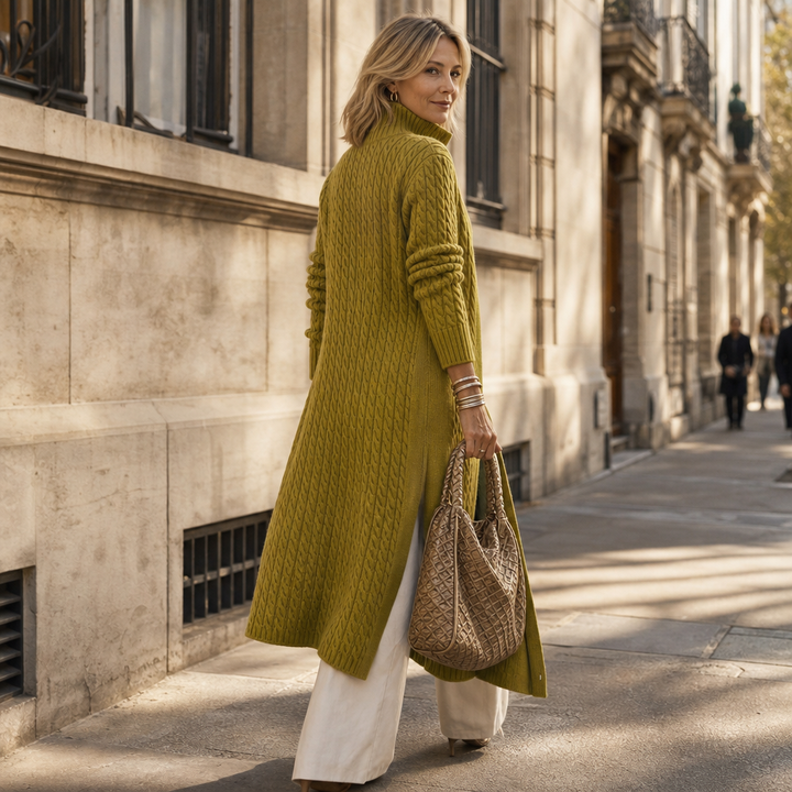 Cablemere High Collar Cable-Knit Duster Cardigan - Elena Harper