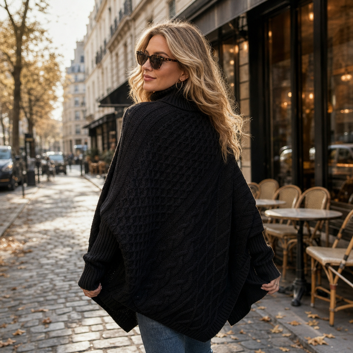 Cabelune Cable-Knit Asymmetric Poncho Sweater - Elena Harper