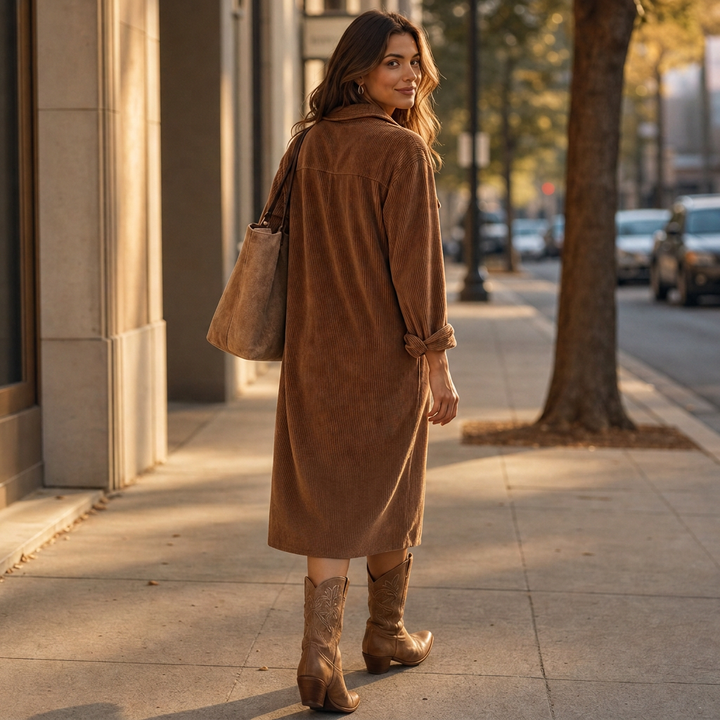 Corvella Ribbed Corduroy Button-Front Shirt Dress - Elena Harper