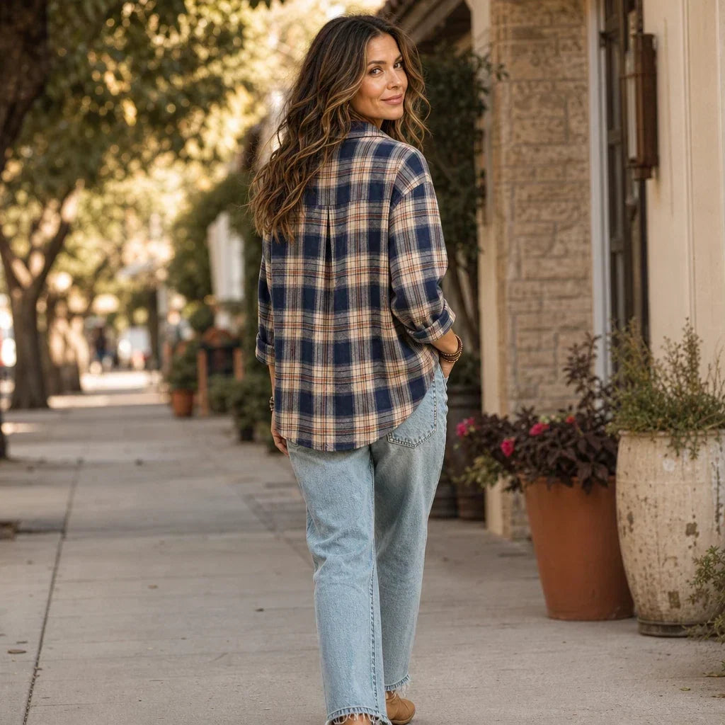 Caledon Plaid Button-Front Long-Sleeve Blouse - Elena Harper