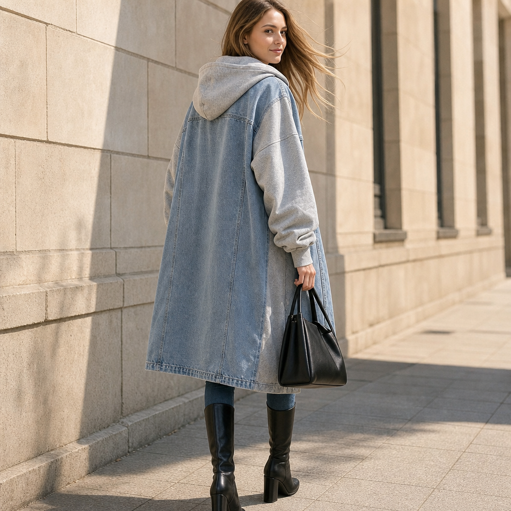 Denimova Washed Denim-Look And Hooded Sweatshirt Jacket - Elena Harper