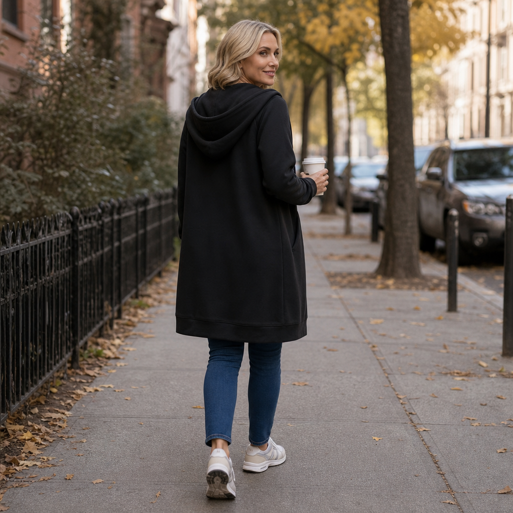 Easebella – Mid-Length Zip-Up Hooded Knit Cardigan