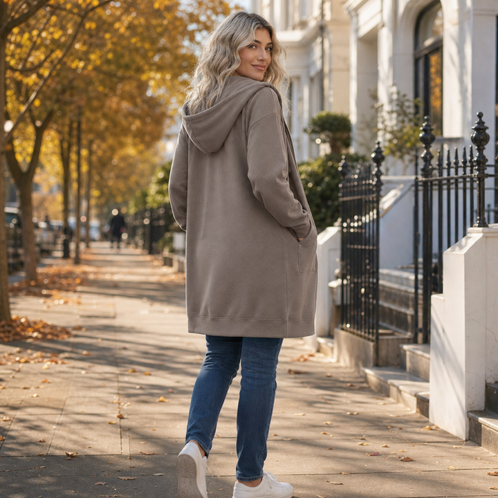 Coziluxe Zip-Front Hooded Mid-Length Knit Cardigan - Elena Harper