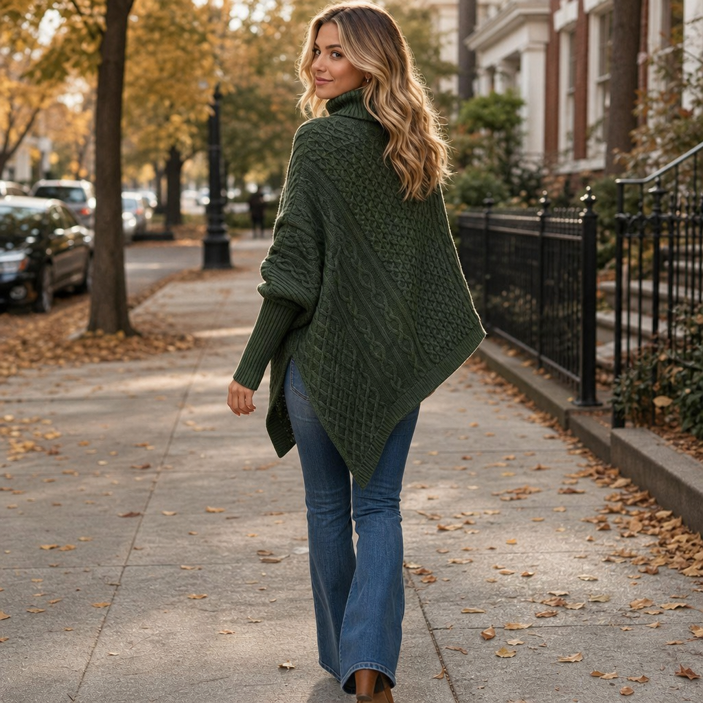 Cable & Cove Cable-Knit Turtleneck Poncho Sweater - Elena Harper