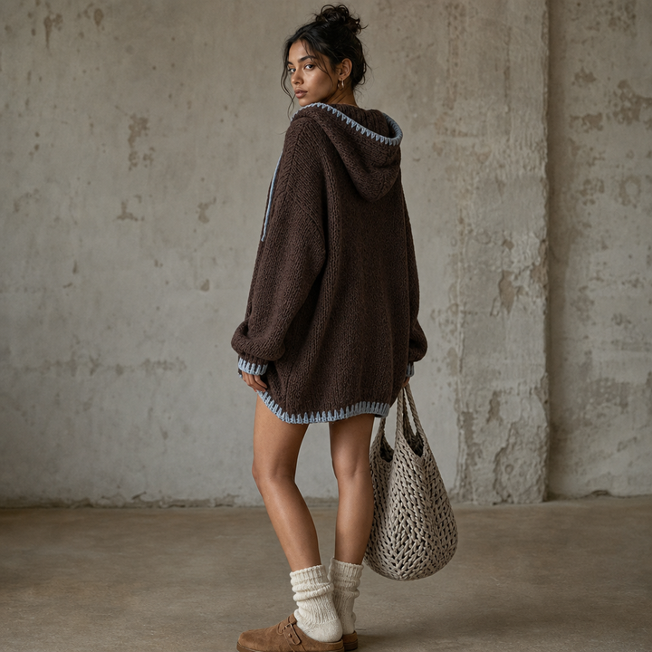 Cozyline Contrast-Trim Hooded Sweater Dress - Elena Harper