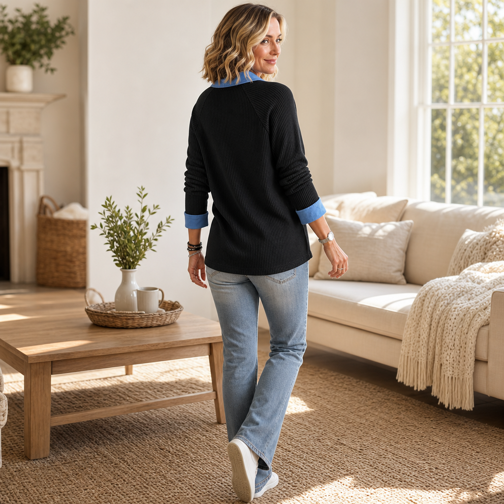 Denimelle Denim-Trim V-Neck Knit Top - Elena Harper