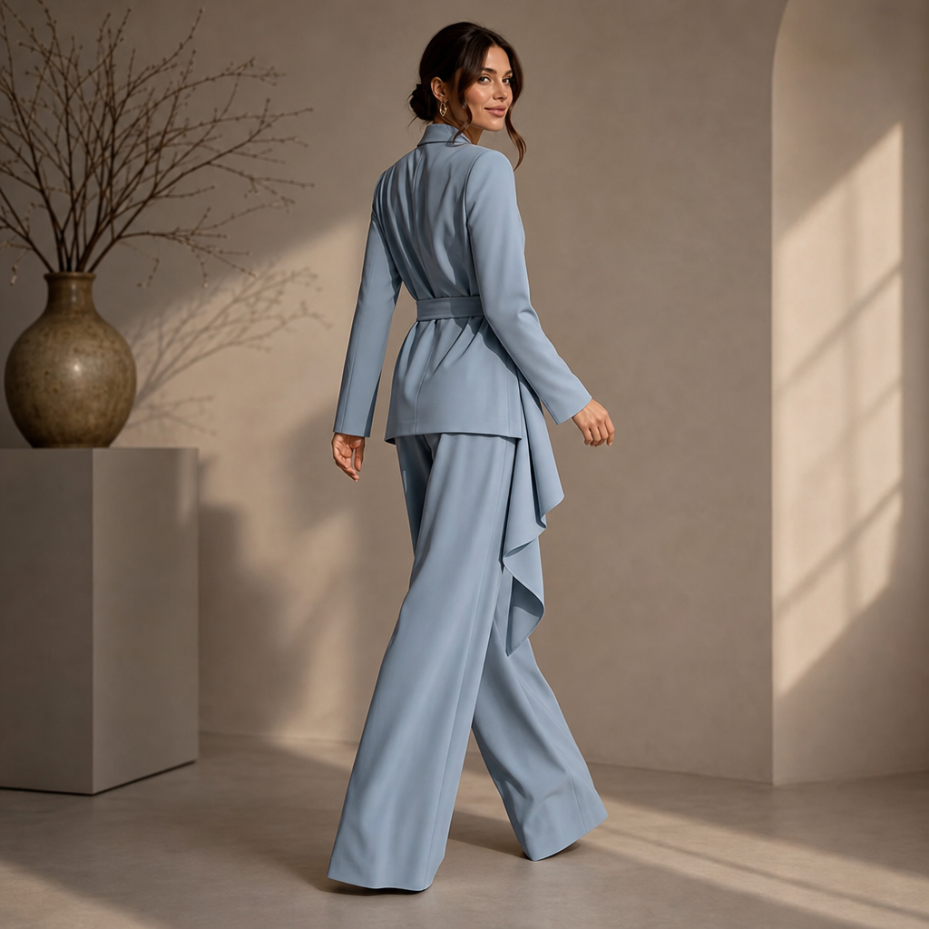 Drapevera Buckle-Belted Wrap Blazer And Wide-Leg Trouser Set - Elena Harper
