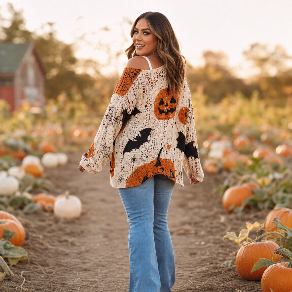 Amberknit Open-Knit Crochet Pumpkin Sweater - Elena Harper