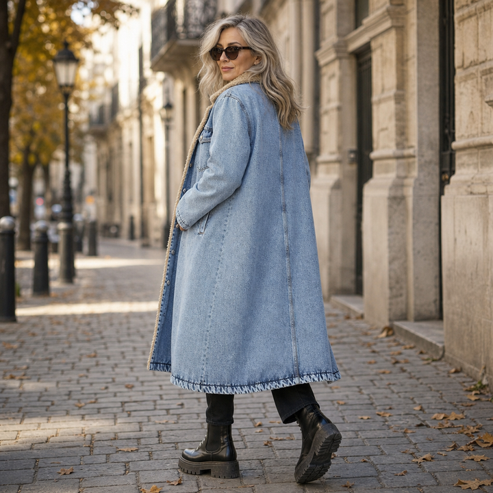 Denora Sherpa-Lined Full-Length Denim Coat - Elena Harper