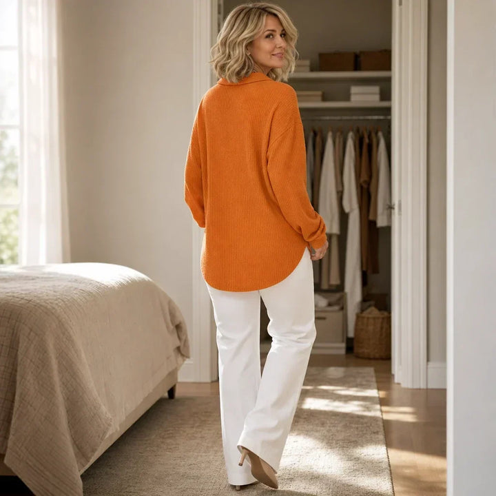 Autumnelle Waffle-Textured Long-Sleeve V-Neck Blouse - Elena Harper